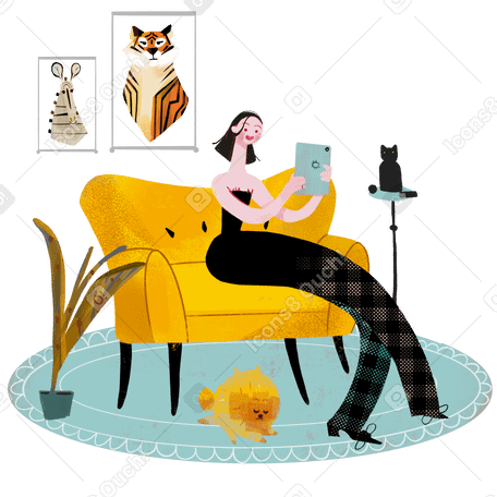 Woman in living sitting on the sofa PNG, SVG