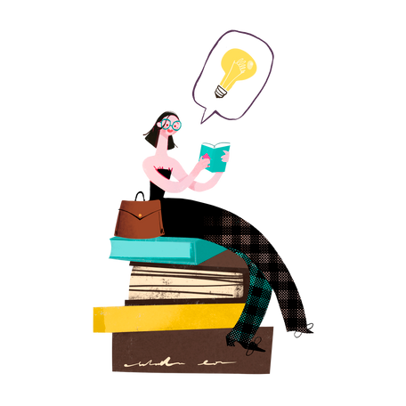 Girl studying sitting on a pile of books Illustration in PNG, SVG