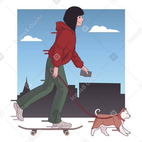 Woman on skateboard walking her puppy PNG, SVG