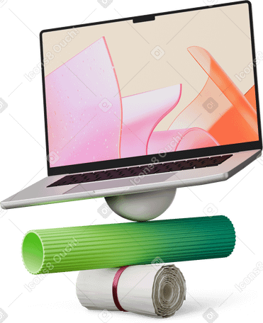 3D front view of laptop on abstract geometric shapes PNG, SVG