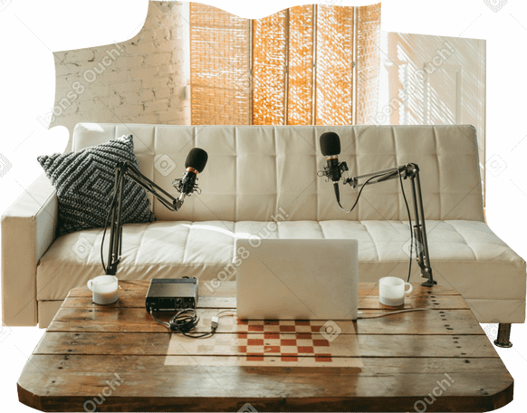 background with sofa and podcast equipment PNG, SVG