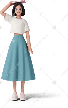 3D young smiling woman holding book on her head PNG, SVG