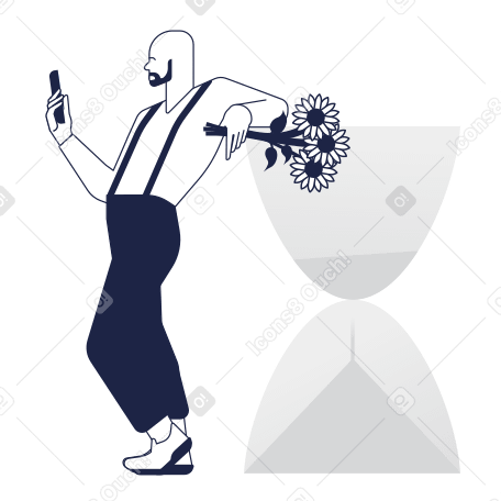 Homem com flores, ampulheta e telefone esperando PNG, SVG