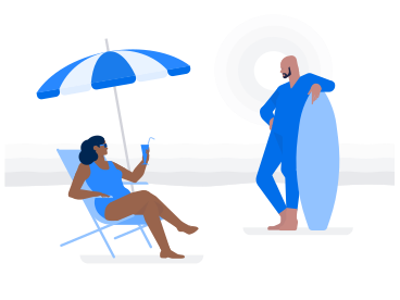 Mann steht mit surfbrett und frau sitzt auf chaiselongue PNG, SVG