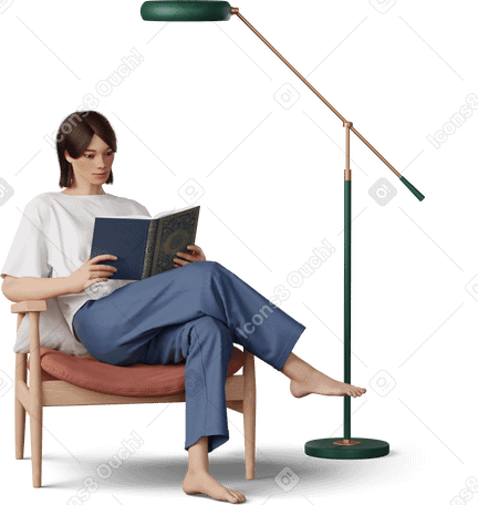 3D young woman sitting on armchair and reading book PNG, SVG