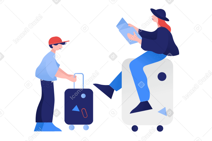 Woman with a map sitting on a suitcase next to a child PNG, SVG