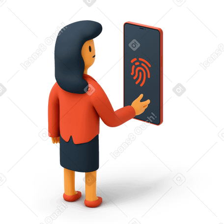 3D Business woman using a phone with fingerprint scanner PNG, SVG