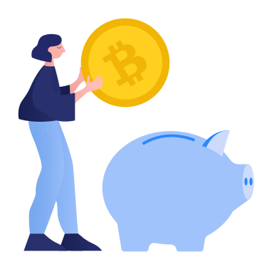 Woman saving bitcoin in piggy bank PNG, SVG