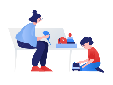 Woman sits on a bench looking after a boy playing with a toy car PNG, SVG