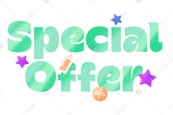Lettering Special Offer with stars and percent sign text PNG, SVG