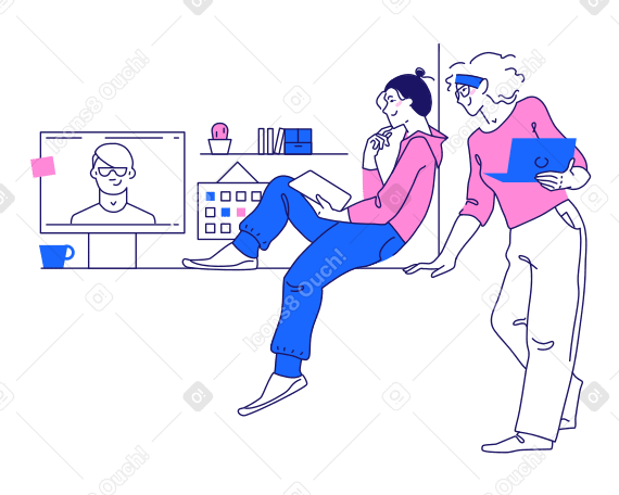 Women discussing work at an online meeting in the office Illustration in PNG, SVG