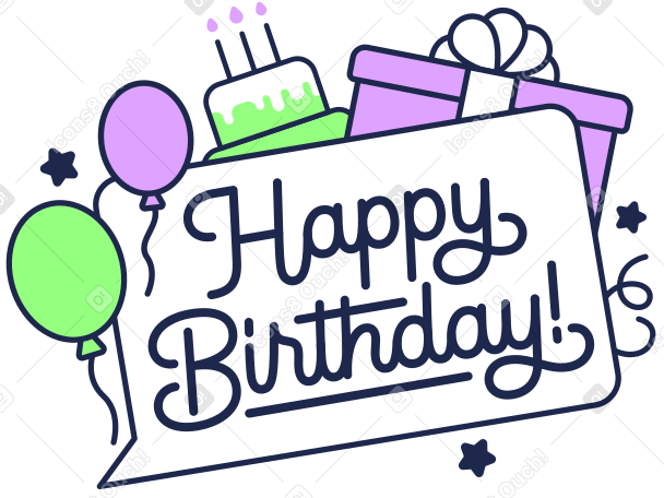 刻字生日快乐！与蛋糕、气球和礼品盒文本 PNG, SVG