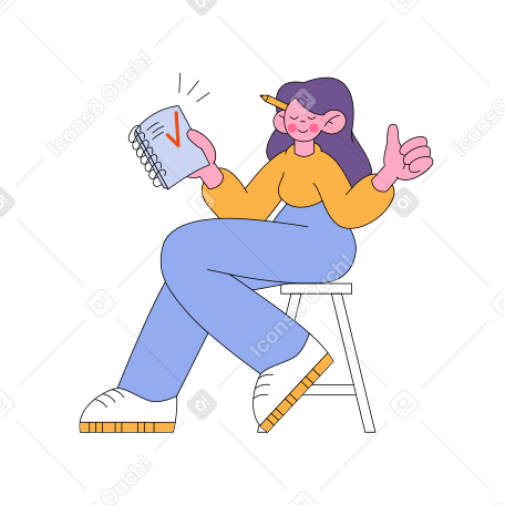 Woman on a chair completed the task in the notebook Illustration in PNG, SVG