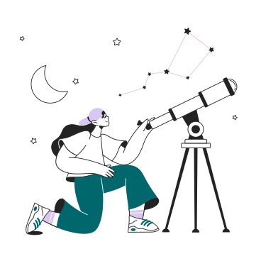 Chica con un telescopio estudiando el cielo estrellado. PNG, SVG