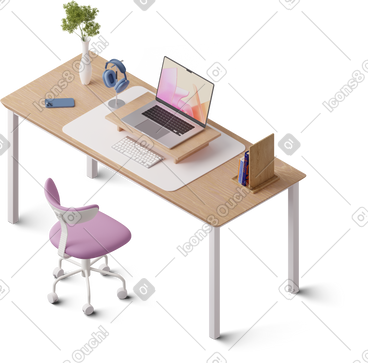 Isometric view of desk with laptop PNG, SVG