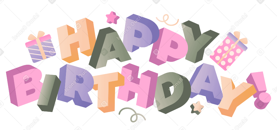 Letras ¡feliz cumpleaños! con cajas de regalo y texto decorativo PNG, SVG