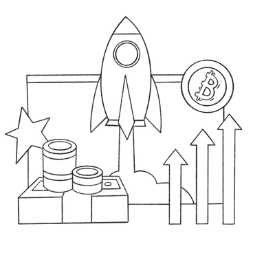 Rocket flies up and around a lot of money as a symbol of a successful startup PNG, SVG