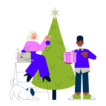 Young woman and a young man decorating a Christmas tree PNG, SVG