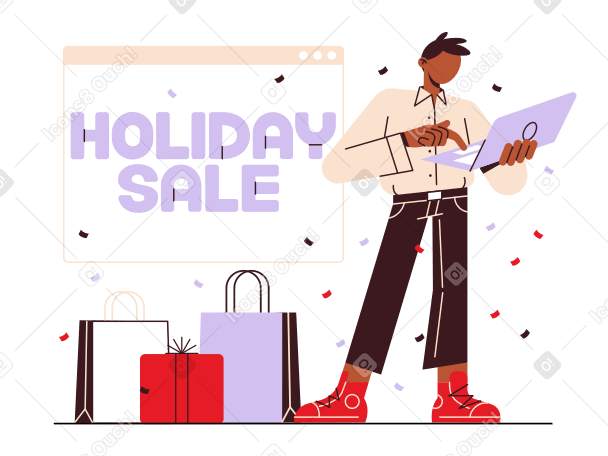 Надпись «праздничная распродажа» с мужчиной, делающим покупки в интернете, текст в PNG, SVG