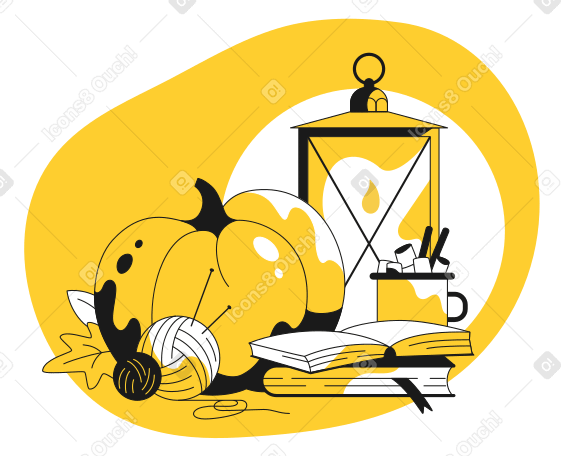 Pumpkins, books, marshmallow cocoa, lantern, knitting, and autumn leaves Illustration in PNG, SVG