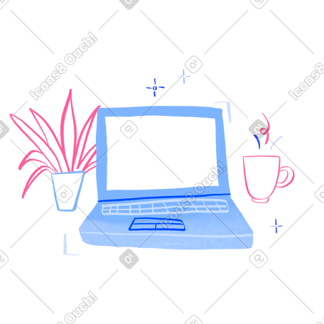 带杯子和植物的桌子上的笔记本电脑 PNG, SVG