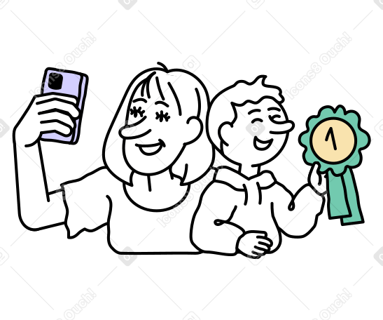 Femme et son fils prenant des selfies avec une récompense PNG, SVG