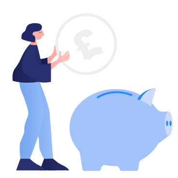 Woman putting a pound sterling coin into a piggy box PNG, SVG