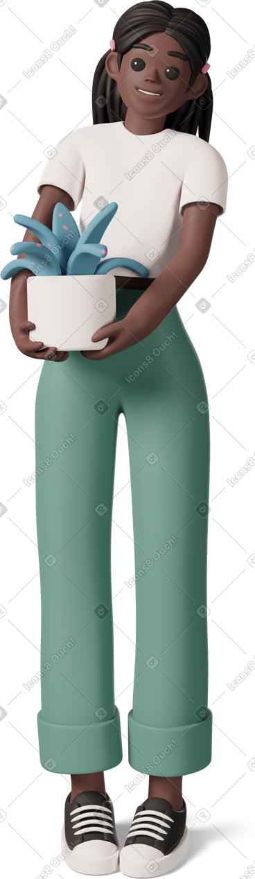 Black girl smiling and holding plant in white pot PNG, SVG