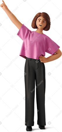 3D joyful smiling woman pointing up PNG、SVG