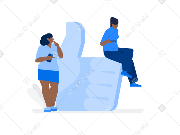 Illustration Grosse main avec le pouce vers le haut et deux femmes avec des téléphones aux formats PNG, SVG