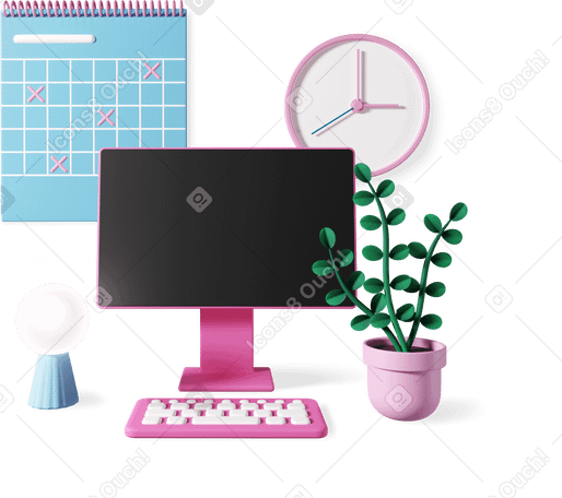 3D workplace with computer composition PNG, SVG
