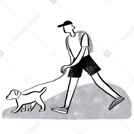 Black and white man walking the dog Illustration in PNG, SVG