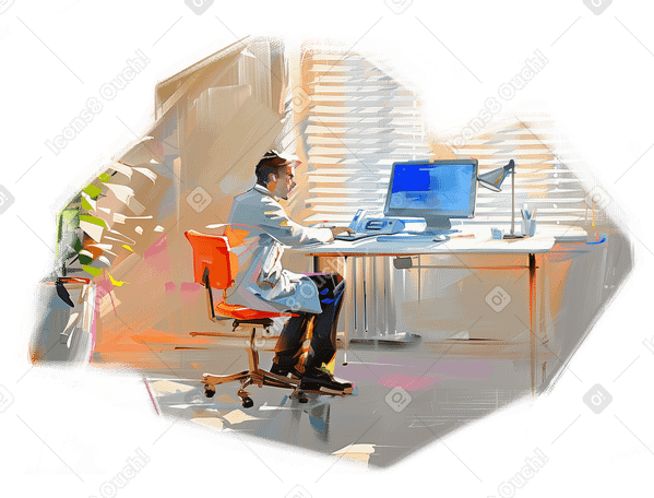 コンピューターで作業する医師の油絵 PNG、SVG