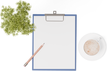 Top view of clipboard, cup of coffee, and plant PNG, SVG