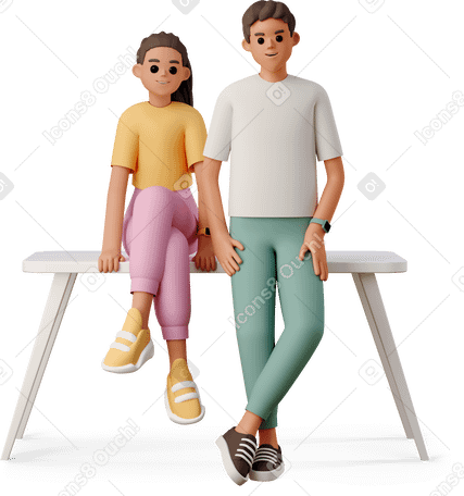 3D boy and girl sitting with gadgets on the table в PNG, SVG