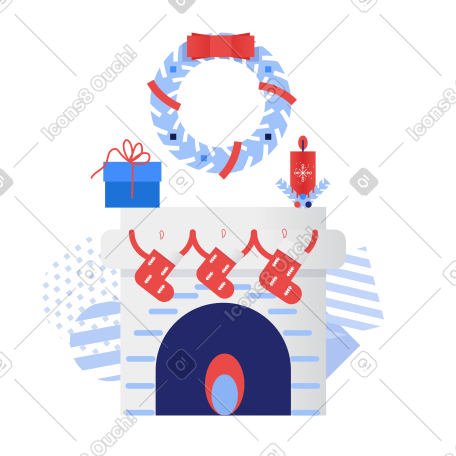 用花环和圣诞袜装饰的壁炉营造圣诞气氛 PNG, SVG