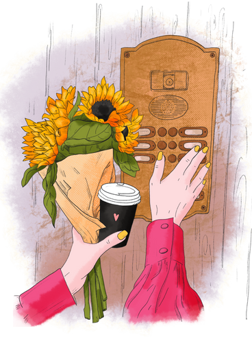 Домофонный звонок с букетом цветов и кофе на завтрак в PNG, SVG