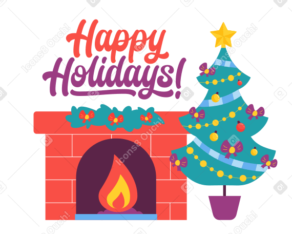 Letras ¡felices fiestas! con chimenea y árbol de navidad PNG, SVG