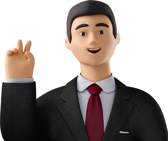 3D close up of businessman in black suit with peace sign hand Illustration in PNG, SVG