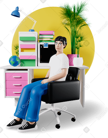 3D man sitting in office PNG, SVG