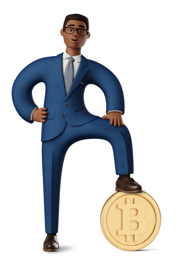 Businessman standing with one foot on a bitcoin PNG, SVG