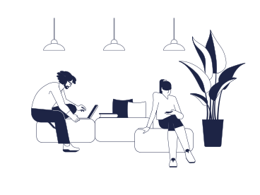 Man and woman with gadgets are working, against background of coworking space PNG, SVG