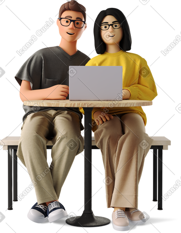 Man and woman at table with laptop PNG, SVG