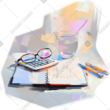 Oil painting of accounting with calculator, glasses and pens PNG, SVG