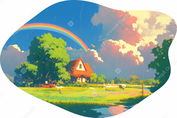 Paisaje lluvioso con casa acogedora y fondo de arco iris PNG, SVG