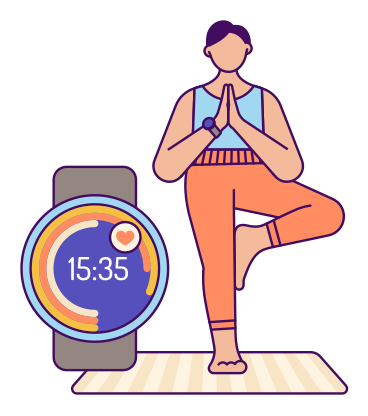 Woman with smartwatches standing on mat in tree pose animated illustration in GIF, Lottie (JSON), AE