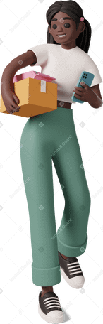 3D black girl with phone holding parcels Illustration in PNG, SVG
