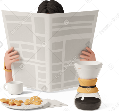 3D man reading newspaper with cup of coffee PNG、SVG