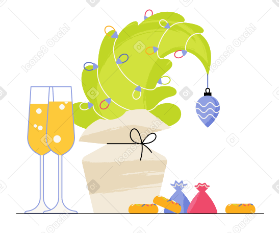 Christmas tree with sweets and champagne Illustration in PNG, SVG