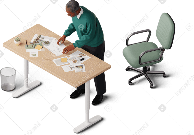 3D isometric view of man measuring blueprint with divider PNG, SVG